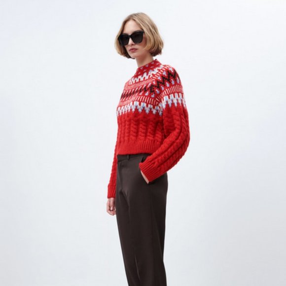 ZARA CABLE KNIT JACQUARD SWEATER Red Fair Isle LONG SLEEVE RED 5802/145 M NEW - Picture 7 of 9
